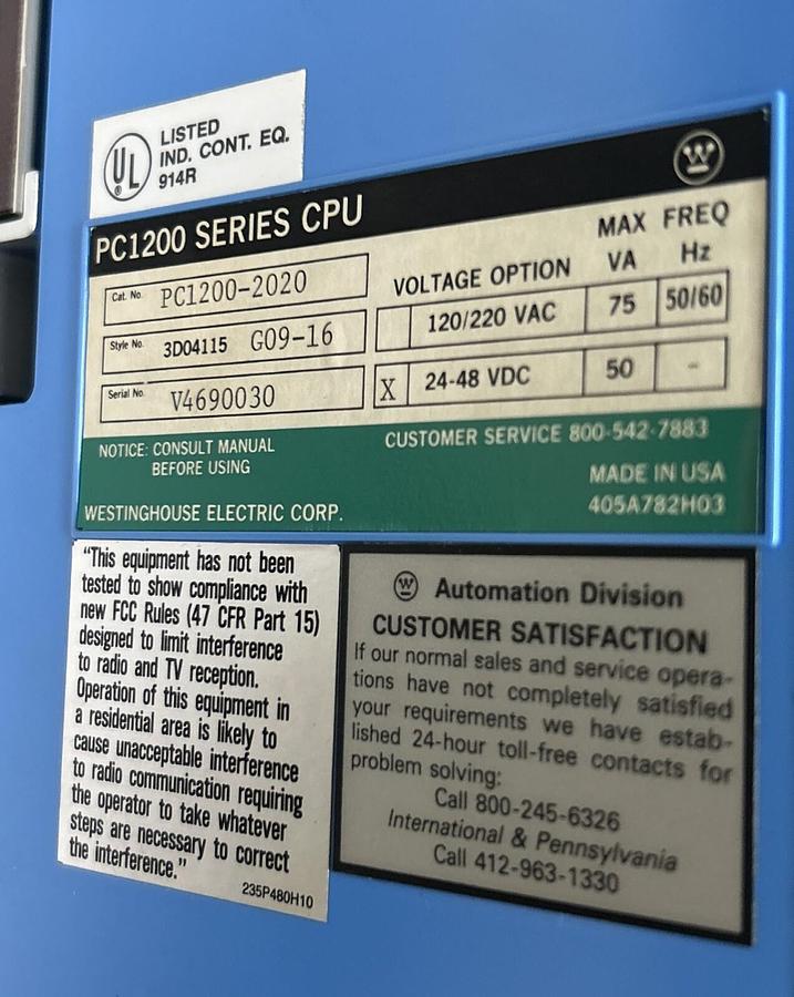 Used WESTINGHOUSE,PC1200-2020,PROGRAMMABLE CONTROL W/ NL-1030 / NL-1060 / NL-1050
