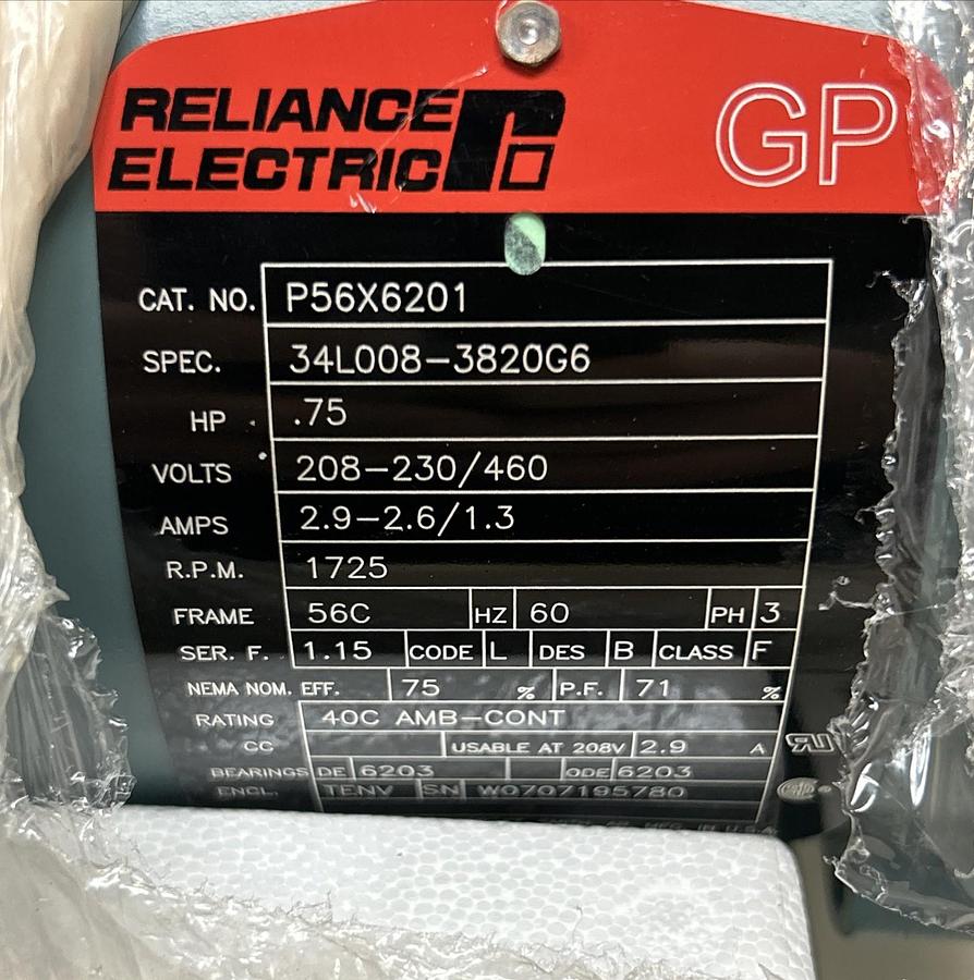 RELIANCE,P56X6201,BRAKE MOTOR 3/4HP 1725RPM 208-230/460V 56C FRAME NOS
