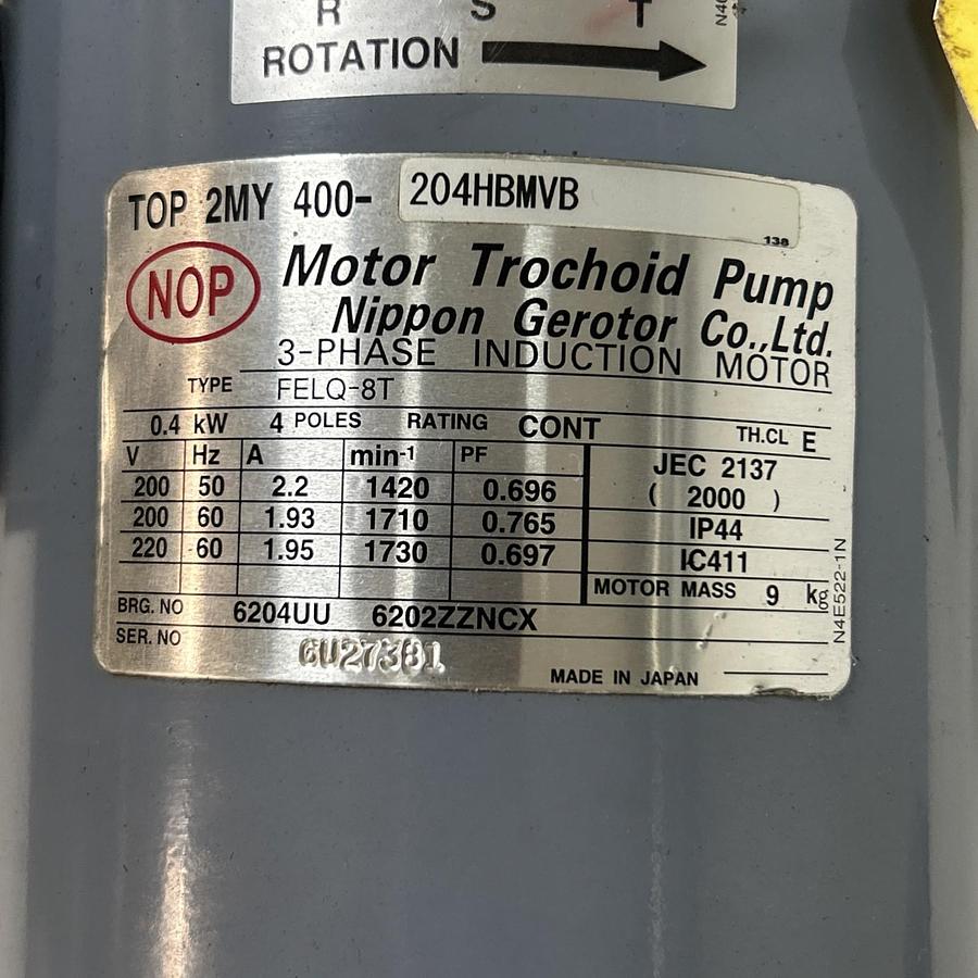 Used NIPPON,2MY400-204HBMVB,MOTOR TROCHOID PUMP 0.4KW 200/220V 1420/1730RPM 3PH