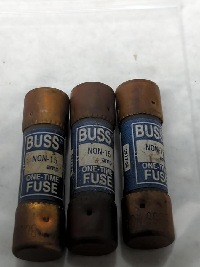 Used COOPER BUSSMANN,NON-15,ONE-TIME 15 AMP FUSES LOT OF 3 PRE-OWNED
