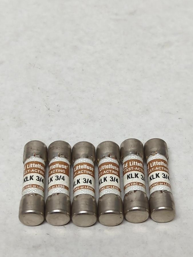 LITTELFUSE,KLK 3/4,FAST ACTING 3/4 AMP FUSE LOT OF 6 NOS