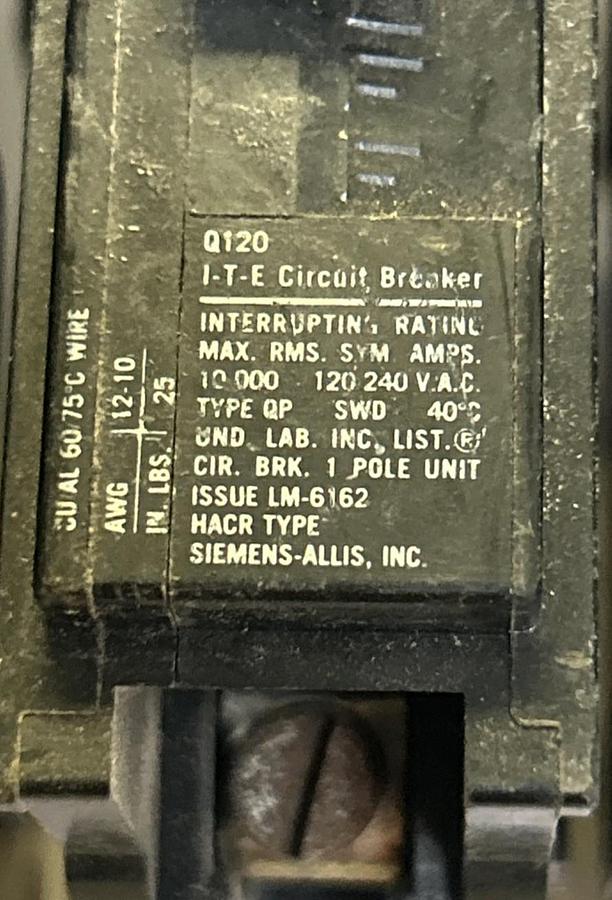 Used ITE,Q120,CIRCUIT BREAKER 20A 120/240V 1P LOT OF 15