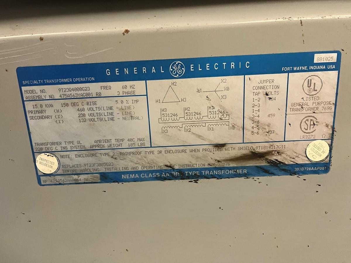 Used GE,9T23Q4000G23,TRANSFORMER 15KVA HV 460 LV 230/132V 3PH