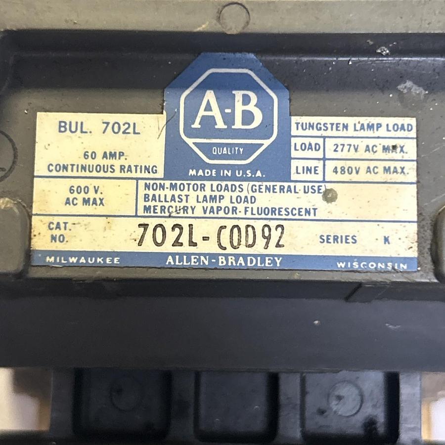 Used ALLEN BRADLEY,702L-COD92,CONTACTOR 60A 600V
