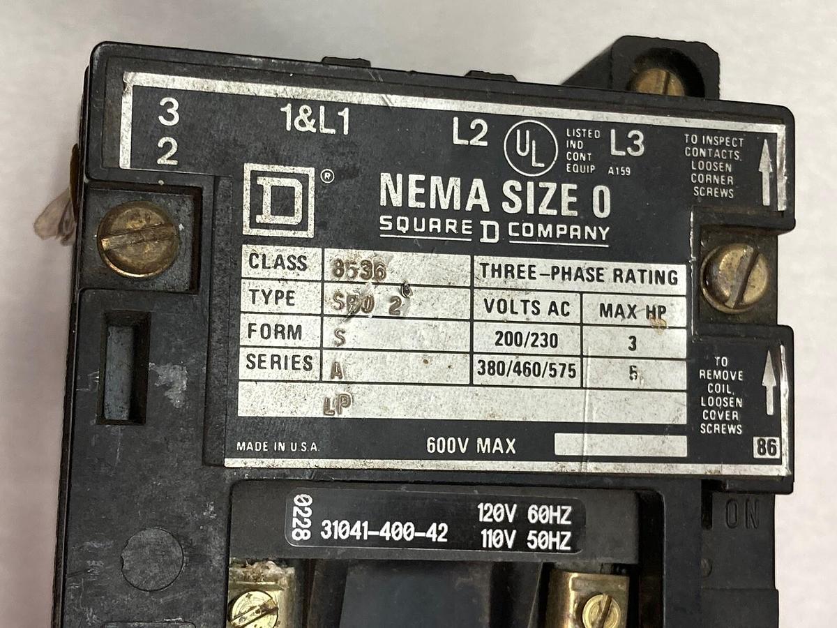 Used Square D,Class 8536 Type SB0-2,Magnetic Starter Open Type Nema Size 0 Form S Ser