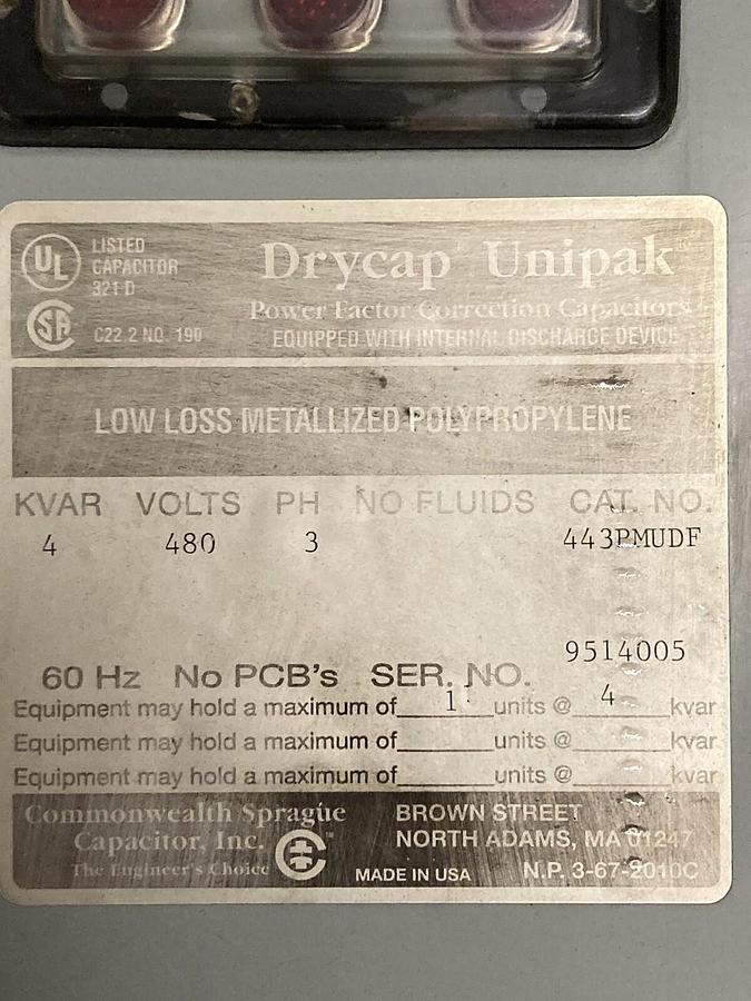 Used Commonwealth Sprague Capacitor,443PMUDF,3-Phase Drycap Capacitor 480V 4KVAR