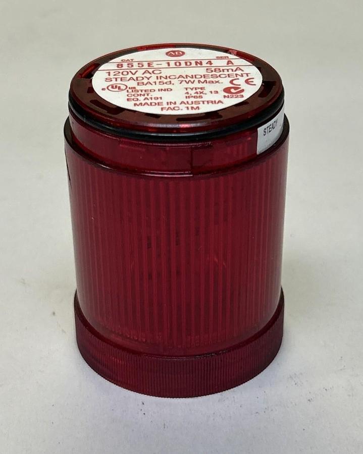 Used ALLEN BRADLEY,855E-10DN4,RED STEADY INCANDESCENT STACK LIGHT W/ 855E-LL24R LAMP