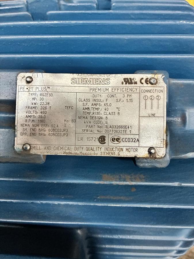 SIEMENS,PE-21 PLUS,RGZESD CHEMICAL DUTY INDUCTION MOTOR 30HP 1180RPM 3PH 326T