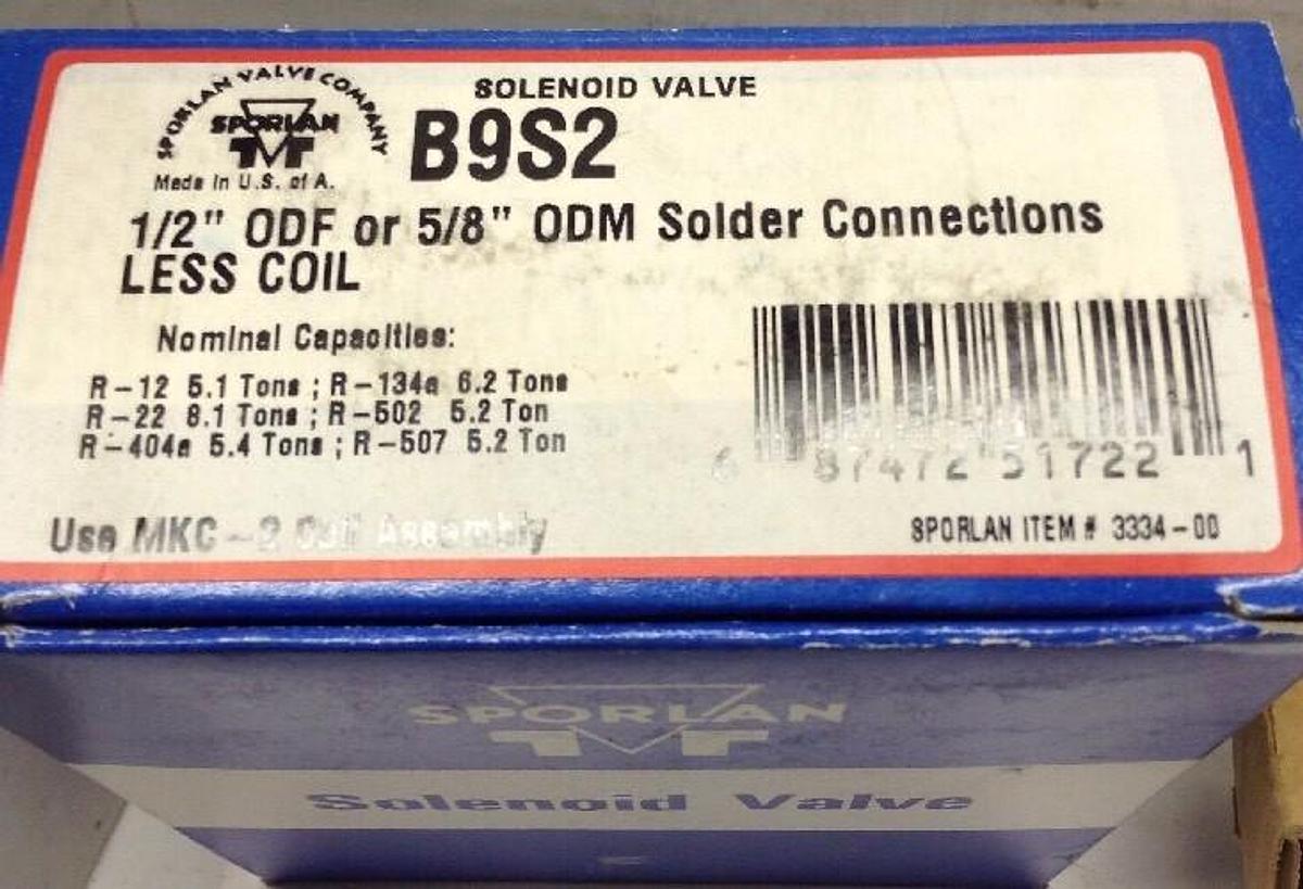 Sporlan,B9S2,Solenoid Valve 1/2 IN ODF or 5/9 IN ODM Solder Connections