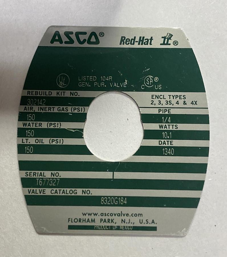 ASCO,8320G184,SOLENOID VALVE 3-WAY 1/4 INCH NOS