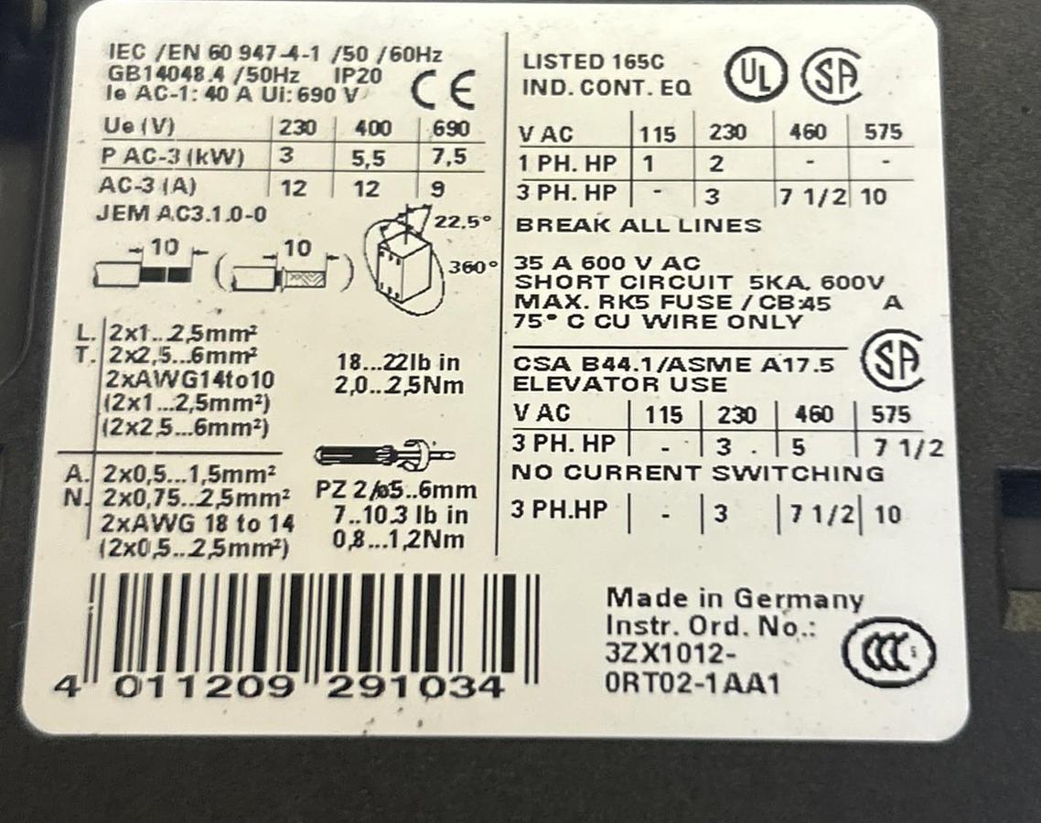 Used SIEMENS,3ZX1012-0RT02-1AA1,CONTACTOR