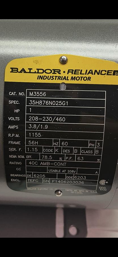 BALDOR,M3556,MOTOR 1HP 1155RPM 3PH 56H 208-230/460V