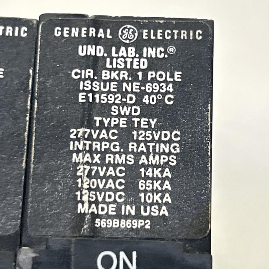 Used GENERAL ELECTRIC,TEY120,CIRCUIT BREAKER 20A 277V 1P LOT OF 2