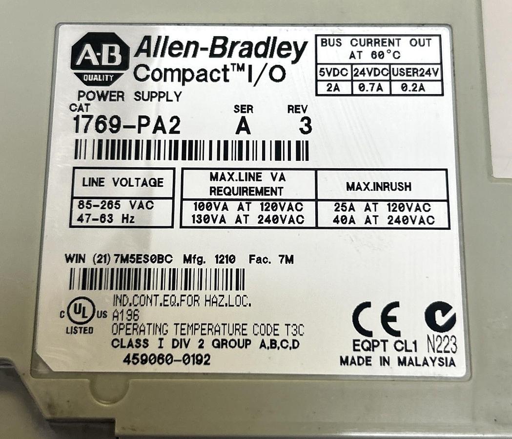 Used ALLEN BRADLEY,1769-PA2,COMPACT I/O POWER SUPPLY