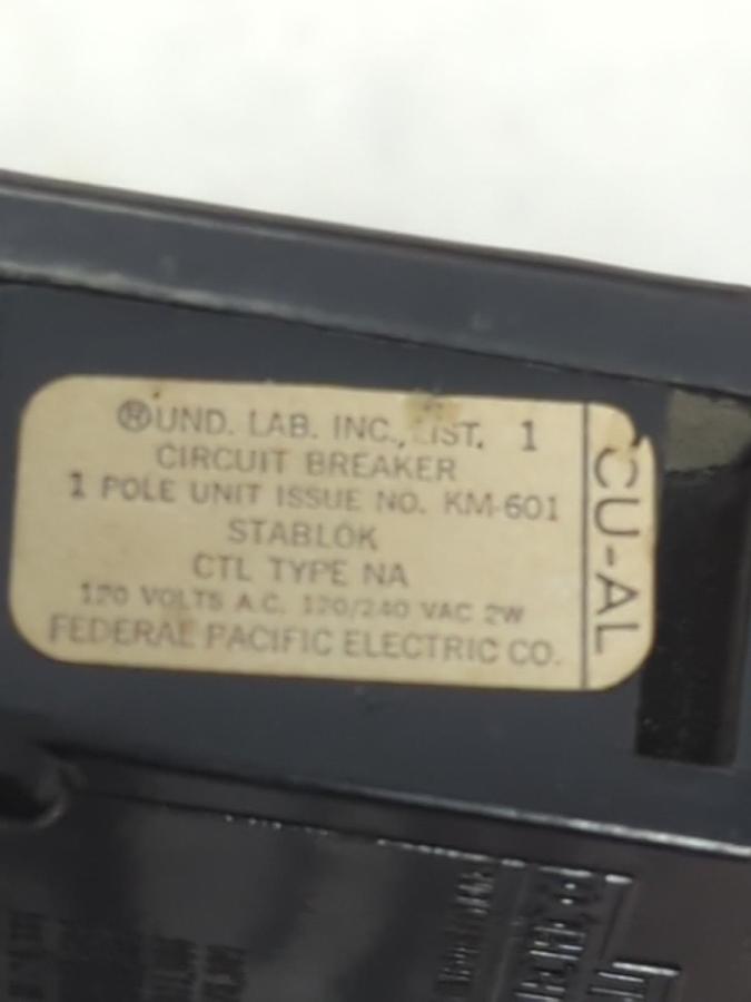 Used FEDERAL PACIFIC,CU-AL-15,CIRCUIT BREAKER 1-POLE 15 AMP LOT OF 6 PRE-OWNED