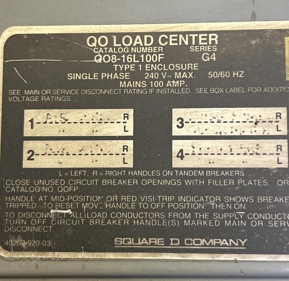 Used SQUARE D,QO816L100F,LOAD CENTER 100A 240V