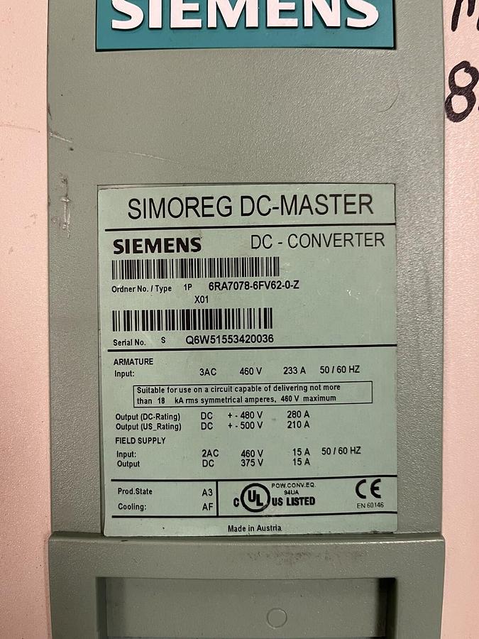 Used SIEMENS,6RA7078-6FV62-0-Z,SIMOREG DC CONVERTER 500VDC 210A