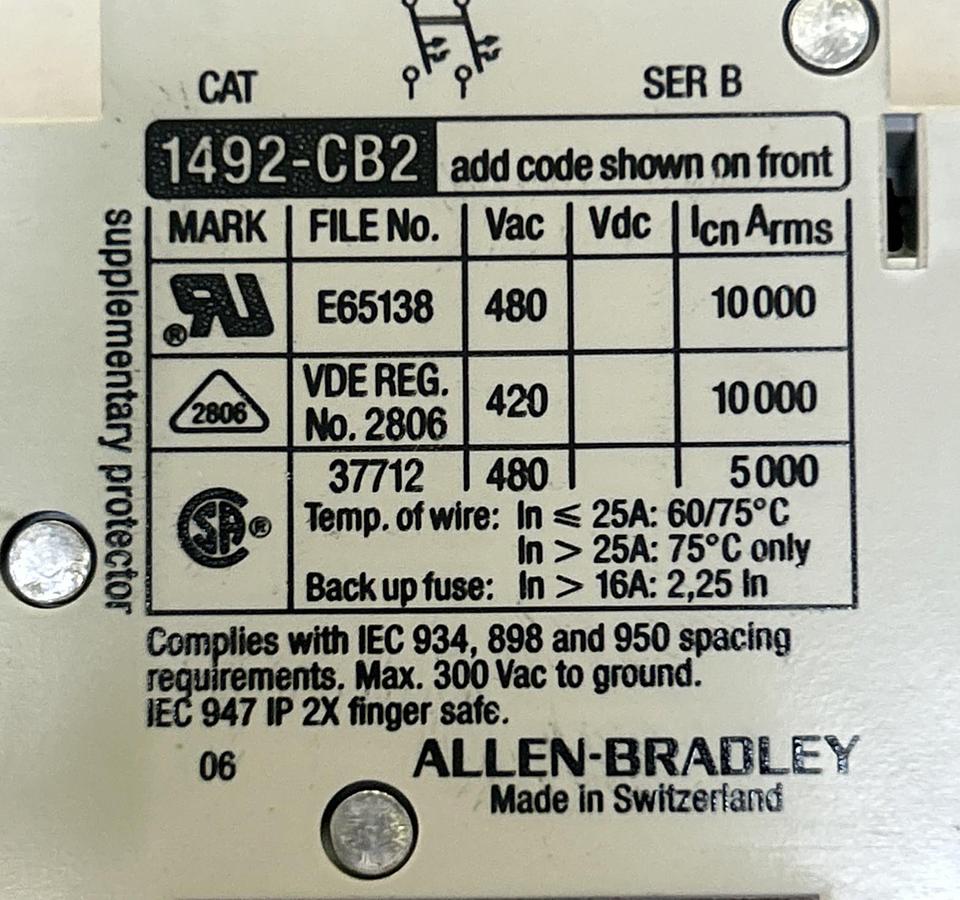 Used ALLEN BRADLEY,1492-CB2-G150,CIRCUIT BREAKER 15A 480/277V 2P LOT OF 2