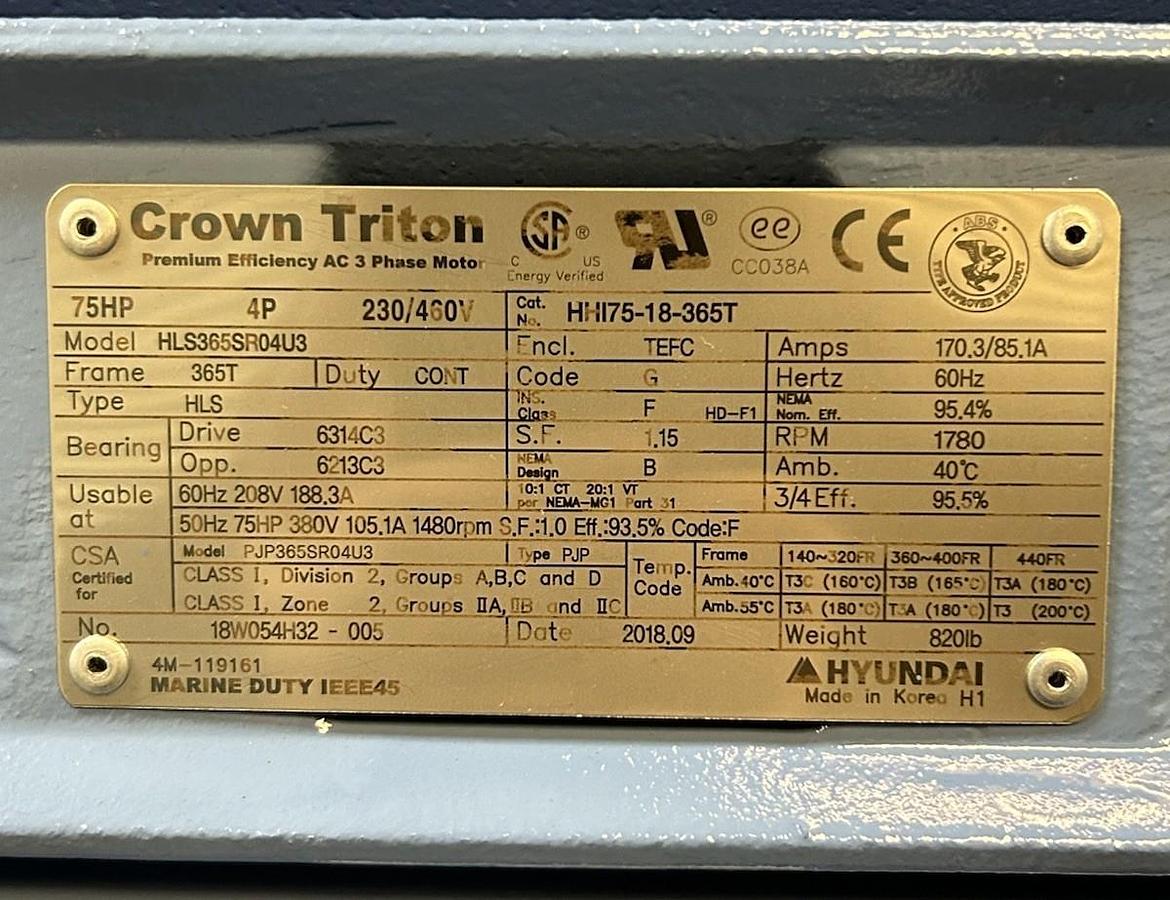 CROWN TRITON,HHI75-18-365T,MOTOR 75HP 1770RPM 240/460V 3PH 365T FRAME