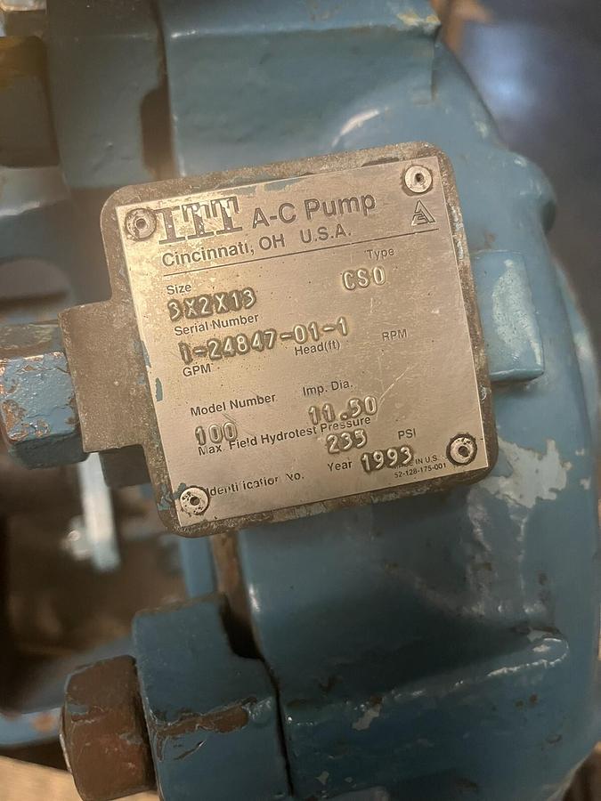 Used ITT,CSO,A-C CENTRIFUGAL PUMP 3X2X13 MODEL 100