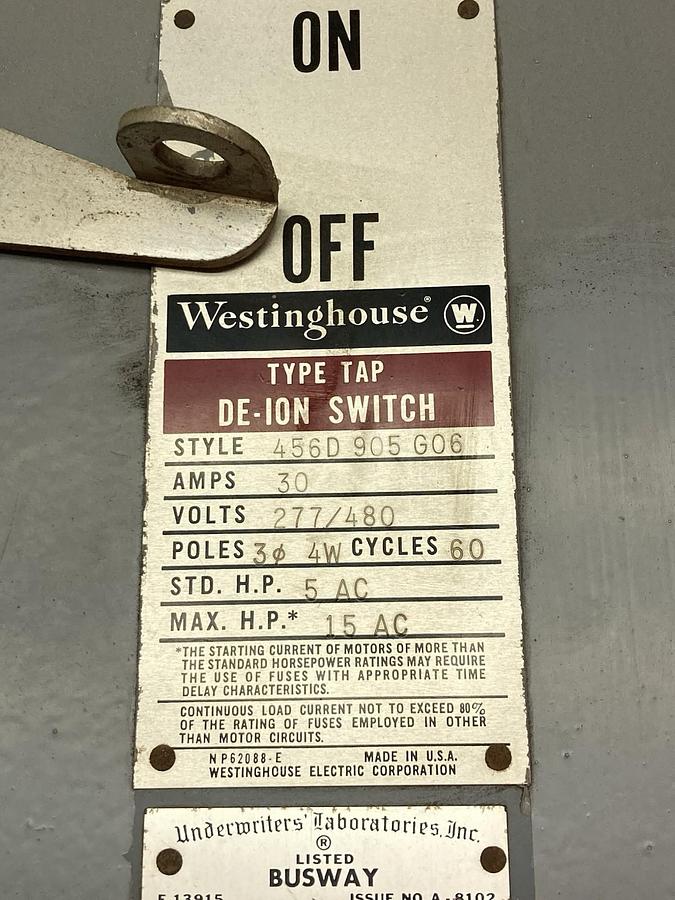 Used Westinghouse,Style 456D 905 G06,Type TAP De-Ion Switch BUS PLUG 30A 277/480V