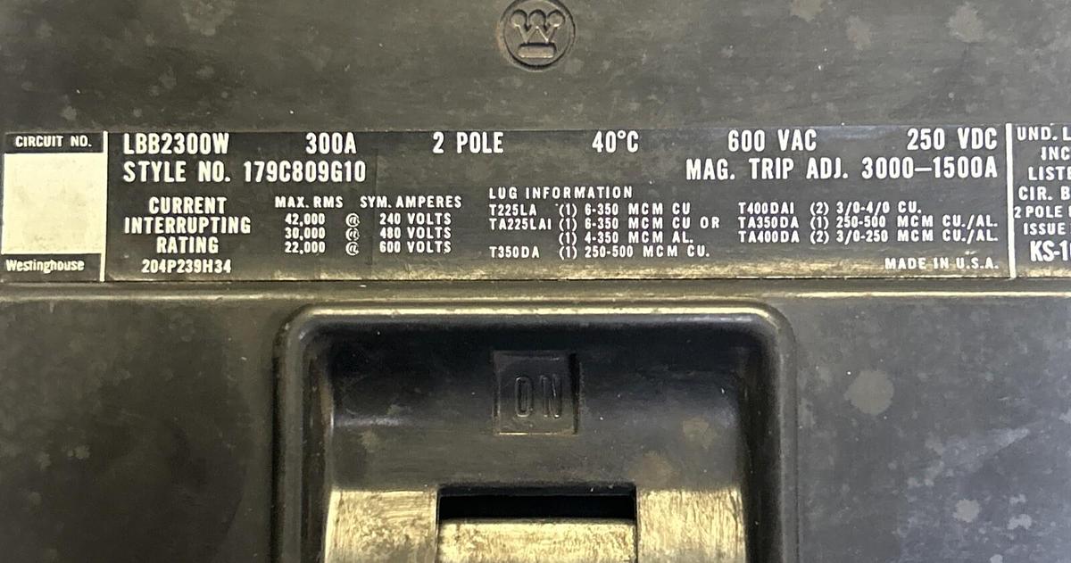 Used WESTINGHOUSE,LBB2300W,CIRCUIT BREAKER 300A 600V 2P