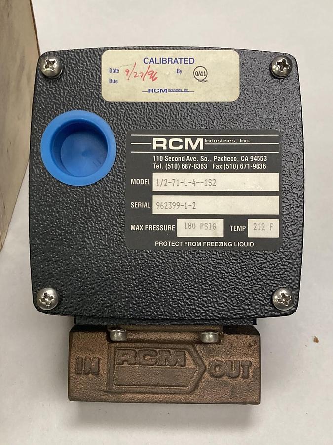 Used RCM Industries,1/2-71-L-4--1S2,Air Flow Meter 962399-1-2 180 PSIG 212F