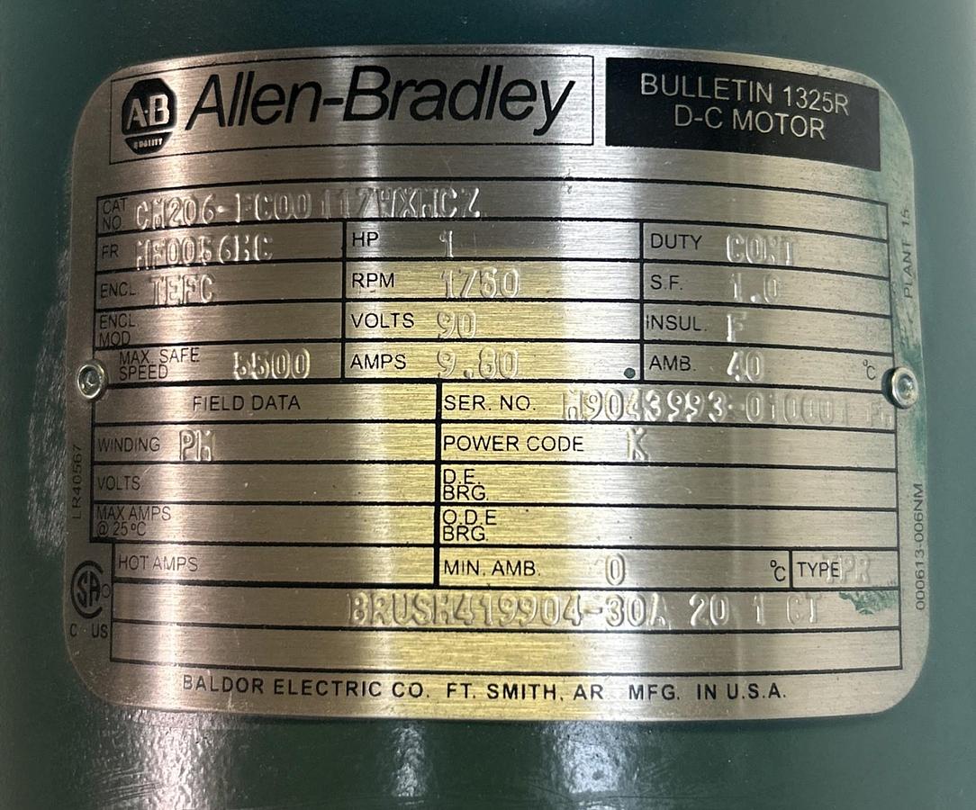 Used ALLEN BRADLEY,CM206-FC00117WXMCZ,DC MOTOR 1HP 1750RPM 90V MF0056HC FRAME