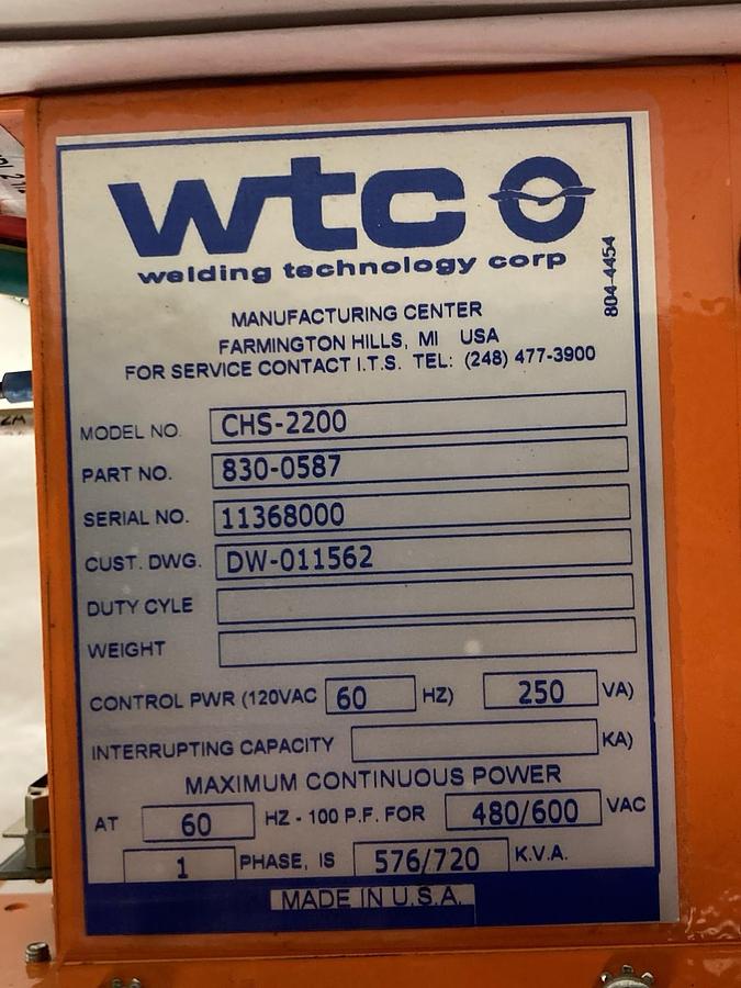 Used Welding Technology Corp,CHS-2200,1-Phase Spot Weld Control Board 60hz 250Va