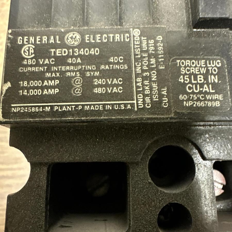 Used GE,TED134040,3 P 40A 480V Breaker