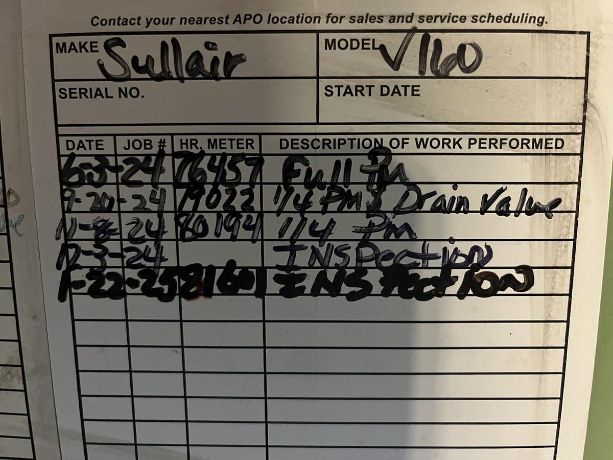 Used Sullair,V160-100H/A,Rotary Screw Compressor 100HP 460V 82000HRS Insp 1/22/25