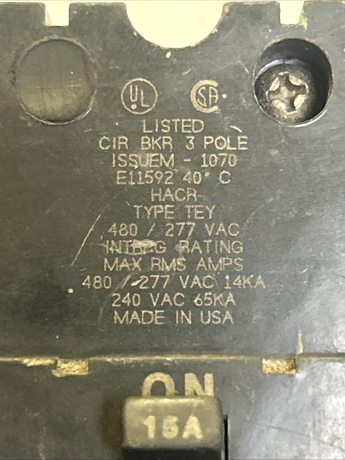 Used GENERAL ELECTRIC,TEY315,CIRCUIT BREAKER 15A 277V 3P