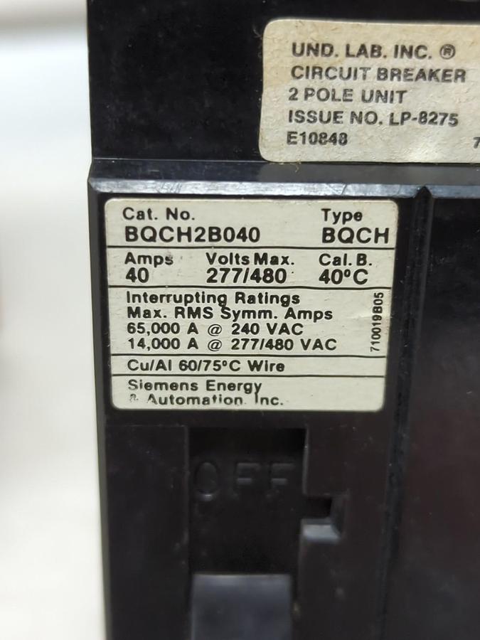 Used SIEMENS,BQCH2B040,CIRCUIT BREAKER 40 AMP 2-POLE PRE-OWNED