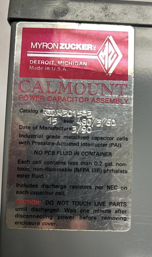 Used MYRON ZUCKER,KIM43015-3,CAPACITOR 18AMP 480V 3PHASE 60HZ