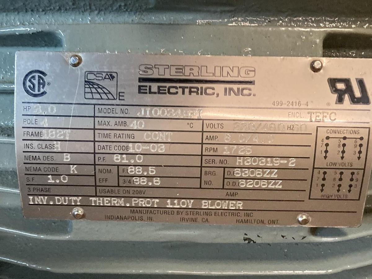 Sterling Electric,JI0034BFI,3-Phase Brake Motor 3Hp Frame 182T 1725rpm
