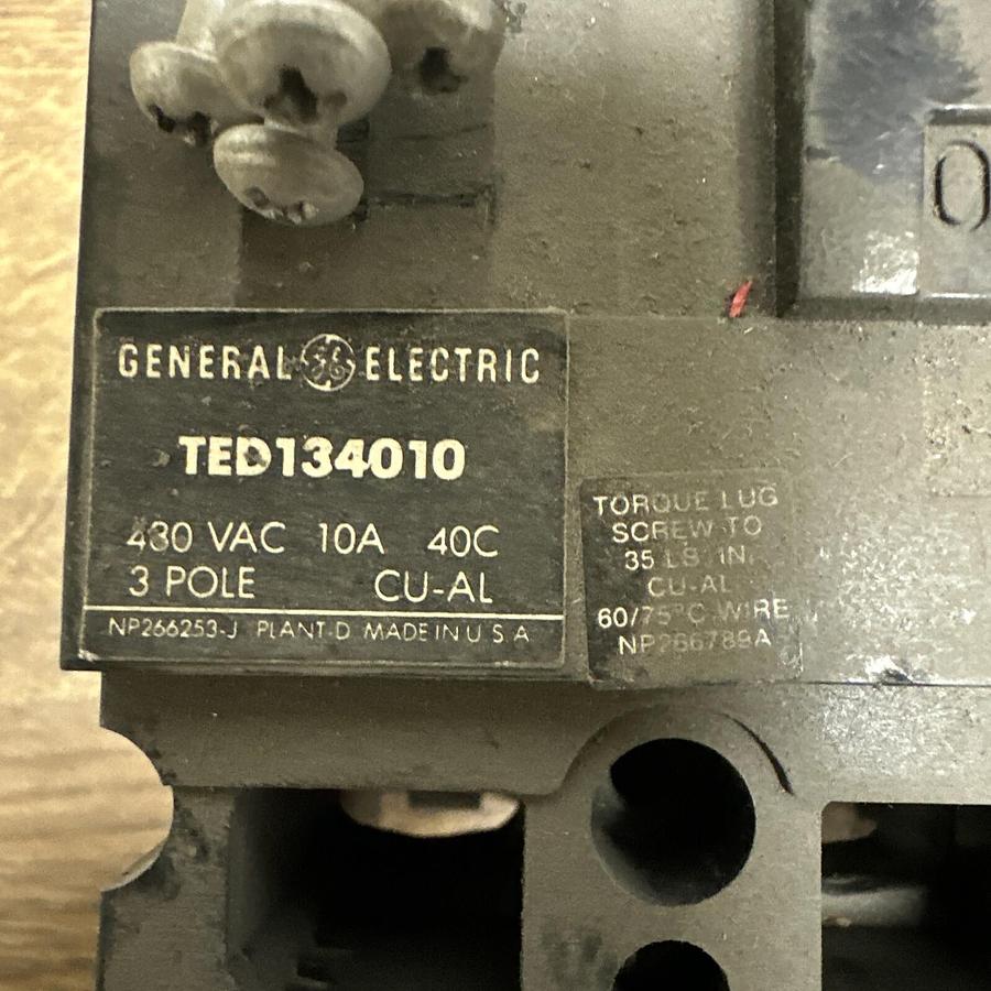 Used GE,TED134010,480vac 10A 3 pole Circuit Breaker