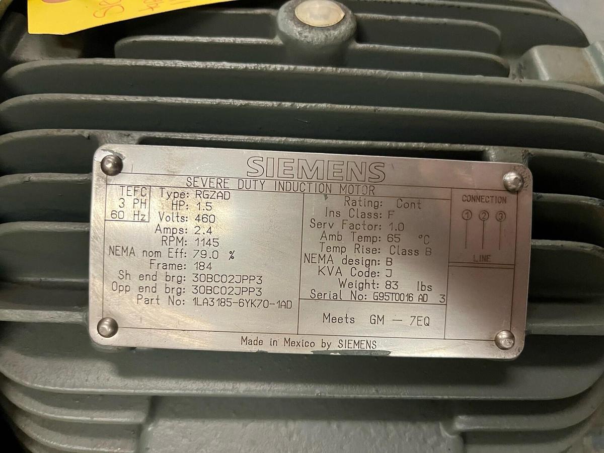 SIEMENS,RGZAD,SEVERE DUTY INDUCTION MOTOR 1.5HP 1145RPM 3PH 184
