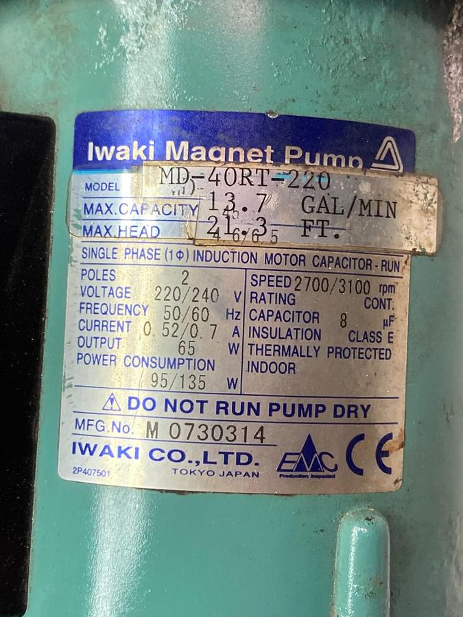 Used Iwaki Magnet Pump,MD-40RT-220N,2-Pole Magnet Pump 220/240V 2700/3100rpm 50/60Hz