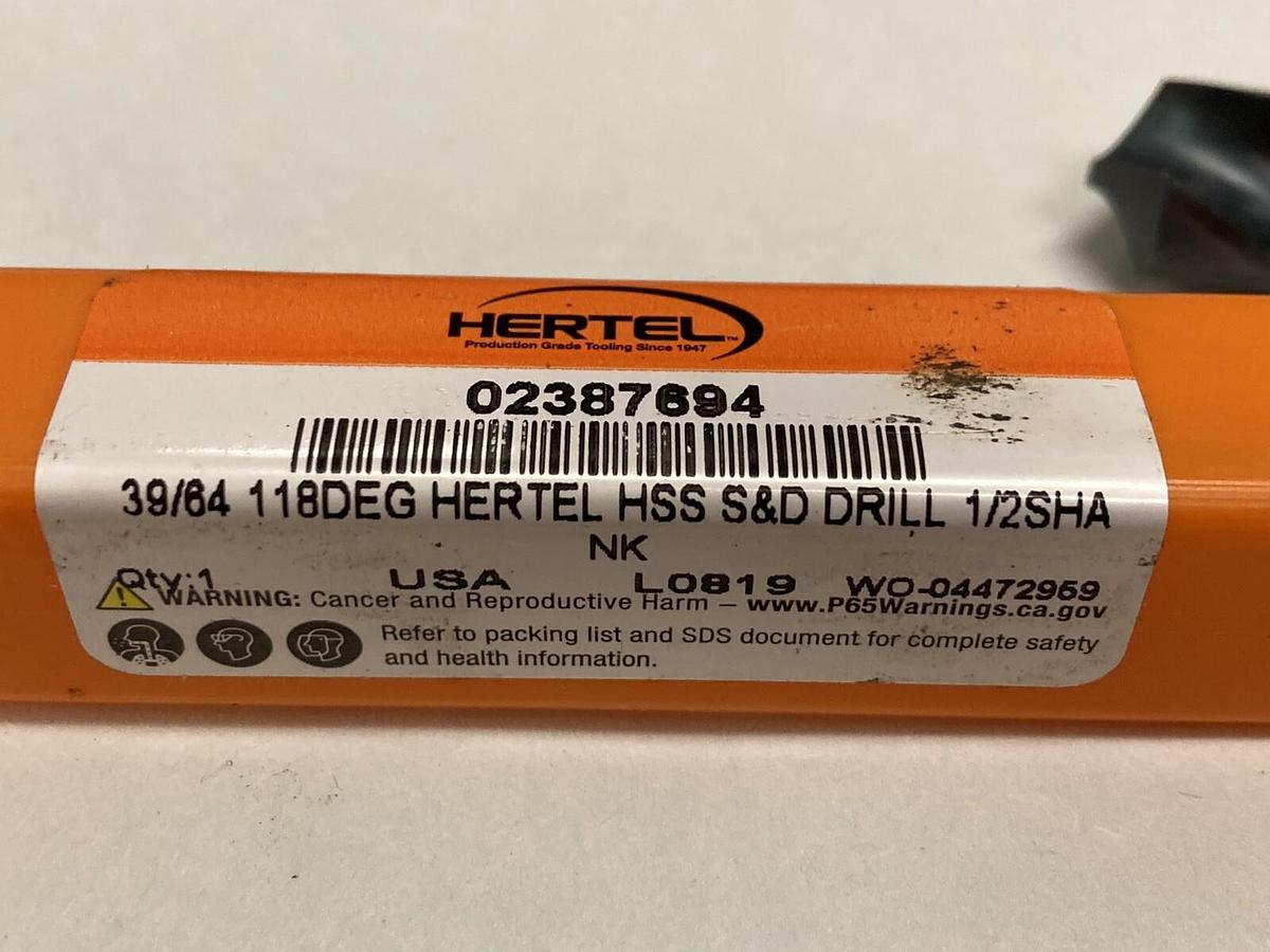 Hertel,02387694,39/64 INCH HSS Silver & Deming Drill Bit
