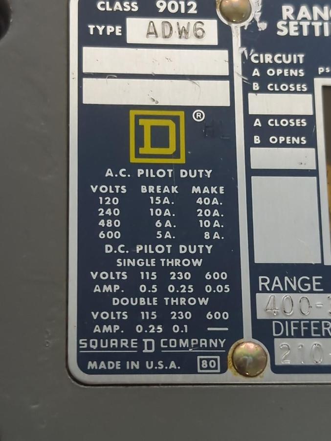Used SQUARE D,9012ADW6,PRESSURE SWITCH PRE-OWNED
