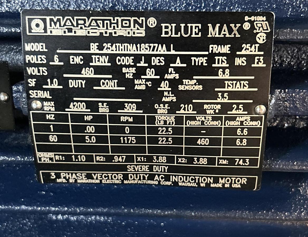 MARATHON,254THTNA18577AAL,BLUE MAX MOTOR 5HP 1175RPM 460V 3PH 254T FRAME