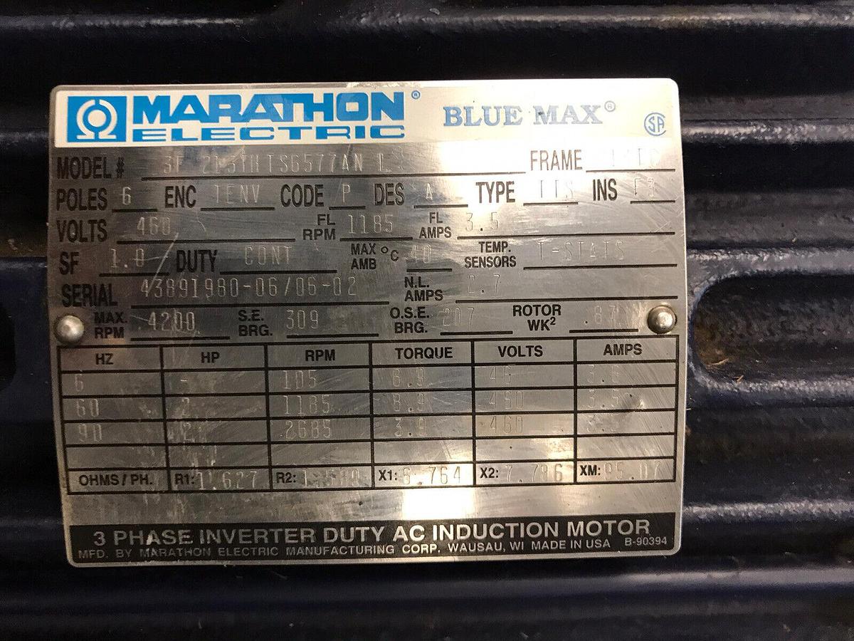 Marathon,Fra 213TC 3F-213THTS6577AN-L,2HP Induction Motor 4200RPM 460V