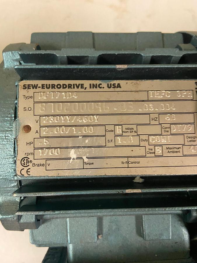 Used Sew Eurodrive,KA37DT71D4,Gearmotor Ratio 44.46 Torque 824 Lb-IN 1/2Hp Out 38 RPM