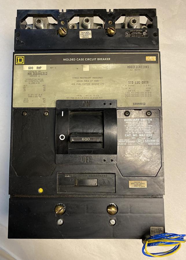 Used SQUARE D,MHL366001212,CIRCUIT BREAKER 600AMP 600V 3 POLE W/ AUX 60 Day Return!