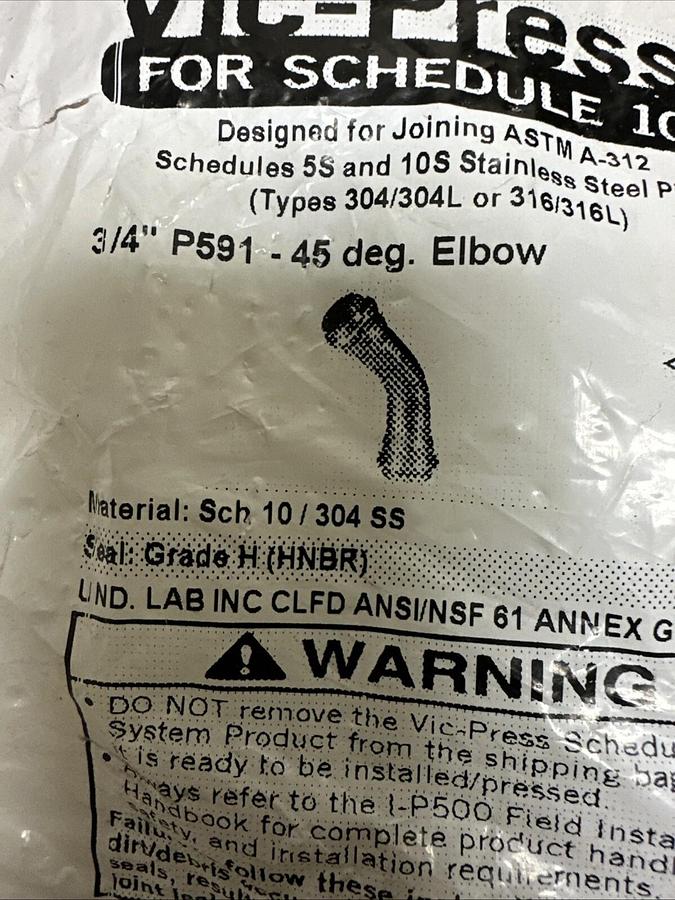 Used Vic-Press,P591,3/4" 45 Deg Elbow Sch 10/304SS