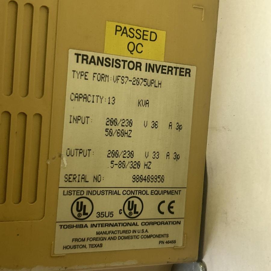 Used TOSHIBA,VFS7-2075UPLH,TRANSISTOR INVERTER DRIVE VFD