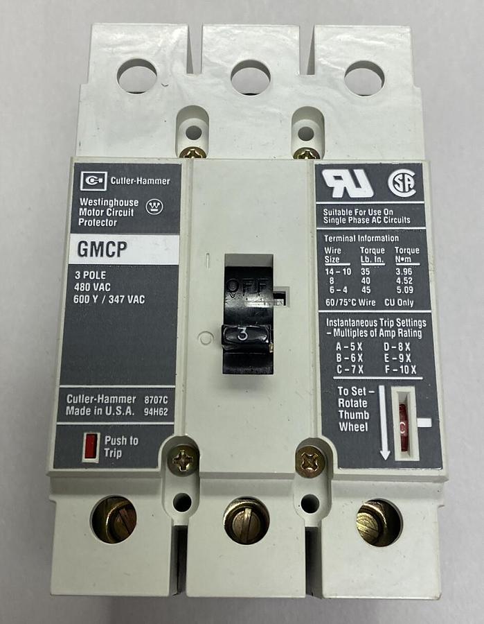 Used WESTINGHOUSE,GMCP003A0C,CIRCUIT BREAKER 3A 3POLE 480V NEW
