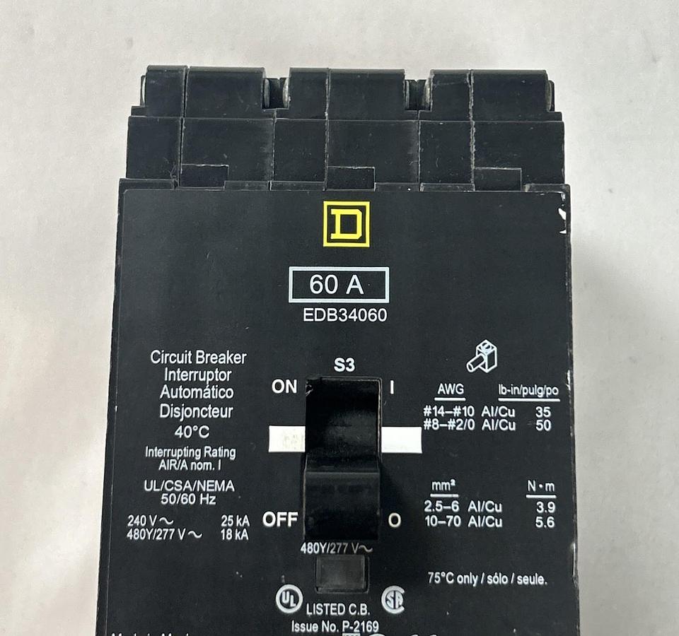 Used SQUARE D,EDB34060,CIRCUIT BREAKER 60A 277V 3P