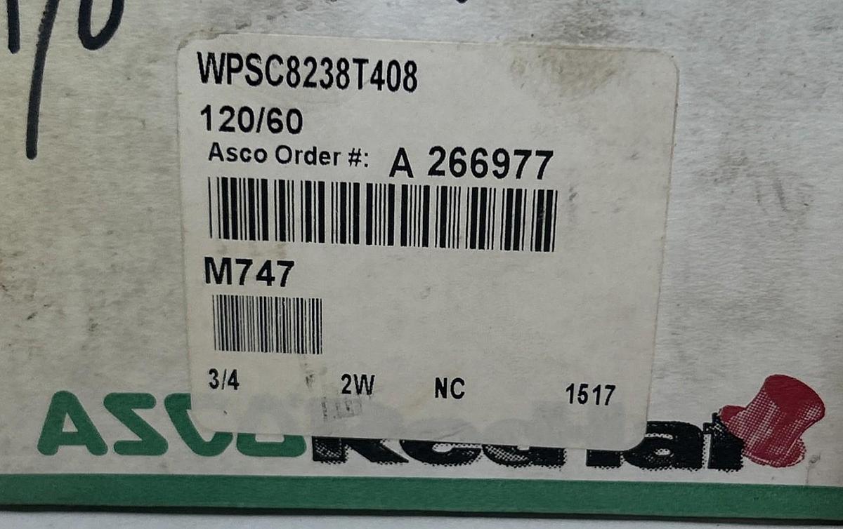 Used ASCO,WPSC8238T408,SOLENOID VALVE 2W 120V 3/4INCH NEW