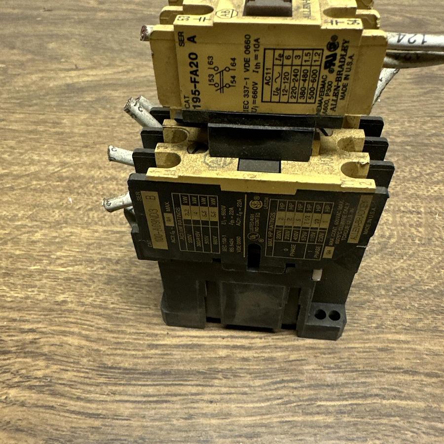 Used Allen Bradley,100-A09ND3,Contactor w195-FA20 Aux Contact